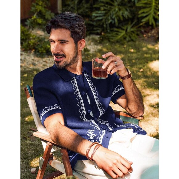 Men Navy Blue Embroidered Short Sleeve Button Up Casual Knit Shirt Stylish - Picture 3 of 5